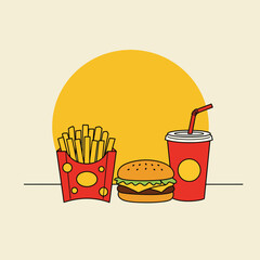 Flat style vector illustration of a classic fast food combo: burger, fries, and soda. Clean, modern design for menus and graphics