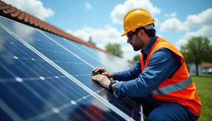 Fototapeta na wymiar Technician connecting solar module to existing system, tools, solar panel installation