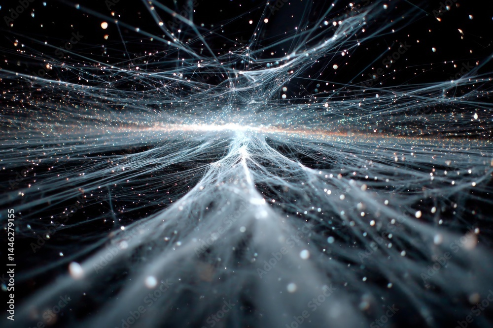Poster complex network of glowing lines and particles on dark backdrop creating a sense of movement and dat