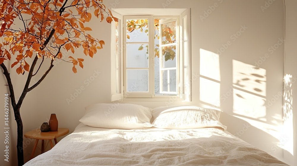 Poster a sunlit bedroom with a bed and open window display