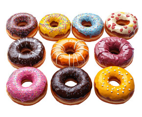 Delicious assortment of donuts bakery food bright colors top view isolated on transparent background