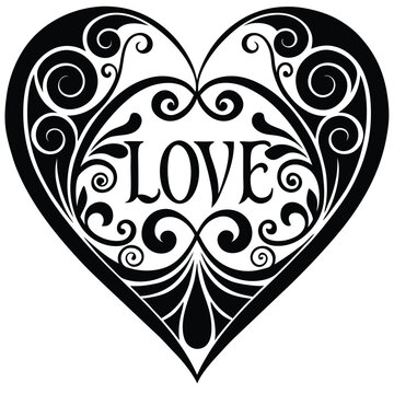 ornate black and white heart shape, intricate floral and swirling patterns, elegant symmetry, zentangle style, detailed linework, sophisticated design
