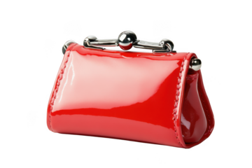 Shiny red purse with silver clasp on transparent background
