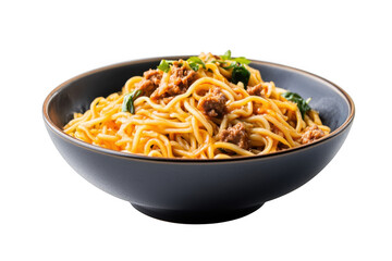 Bowl of delicious noodles with meat on transparent background