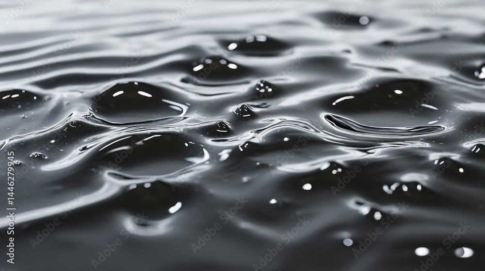 Poster gleaming black liquid undulates with subtle ripples and droplets