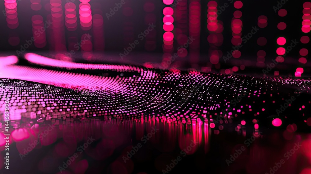 Poster Abstract digital landscape comprised of glowing dots and bokeh effect