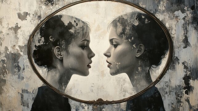 Abstract portrait of young caucasian female reflection in distressed mirror