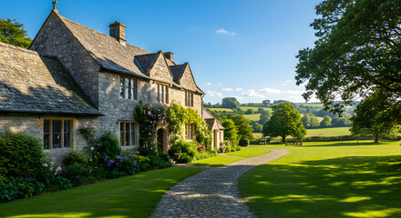 Picturesque Countryside Estate: Stone Manor With Rolling Green Landscape