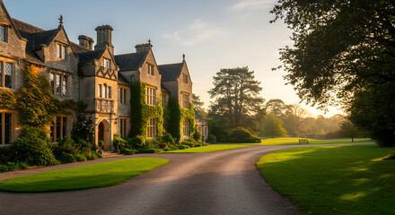 Grand Estate Entrance At Sunrise With Beautiful Gardens