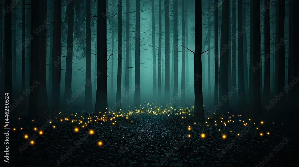 Poster a mysterious dark forest with shining light particles on the ground