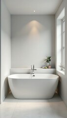 Sleek minimalist bathroom, chrome fixtures, empty tub, tub, sink, bathroom