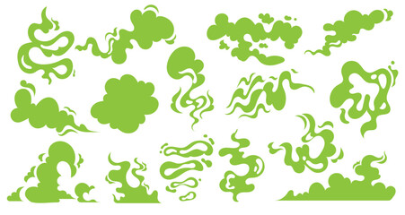 Toxic smoke, green potion gas dangerous, chemical, vector set