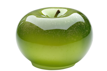 A glistening green glass apple artfully crafted with subtle sparkle sits against a bright white