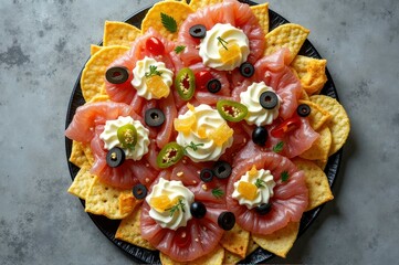 Gourmet nachos with salmon, cream cheese, and assorted toppings on black plate