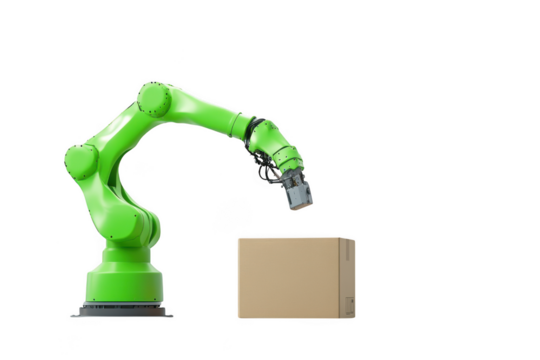Green robotic arm lifting box on transparent background