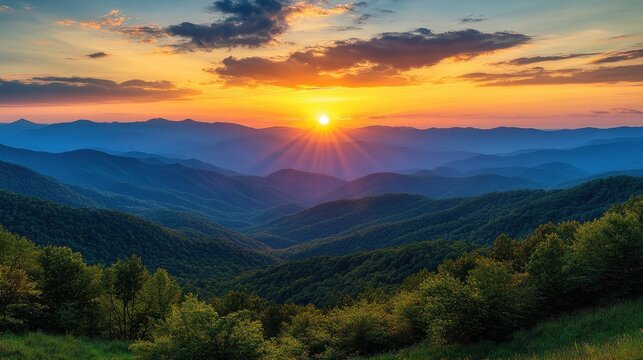 Majestic sunrise over blue ridge mountains: vibrant sky and lush greenery
