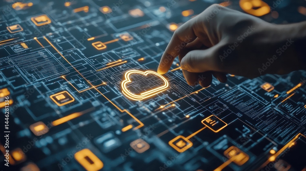Poster A hand interacting with a digital cloud computing network