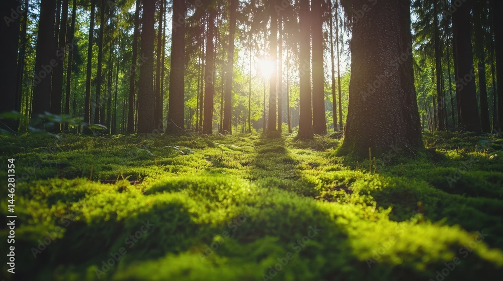 Poster sunlight filters through tall trees illuminating a mossy forest floor