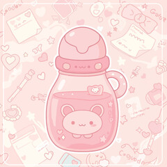 Smiling pink bottle cartoon illustration with sparkling details on a light pink background with doodle elements. Cute, cheerful design for various creative projects