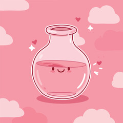 Smiling pink bottle cartoon illustration with sparkling details on a light pink background with doodle elements. Cute, cheerful design for various creative projects
