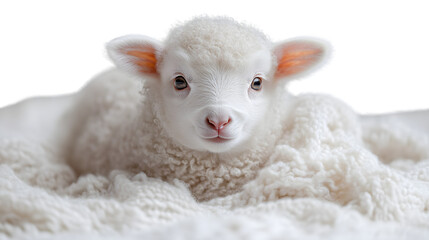 Obraz premium Adorable Lamb in Cozy White Blanket Soft Fluffy Texture Cute Animal Photo