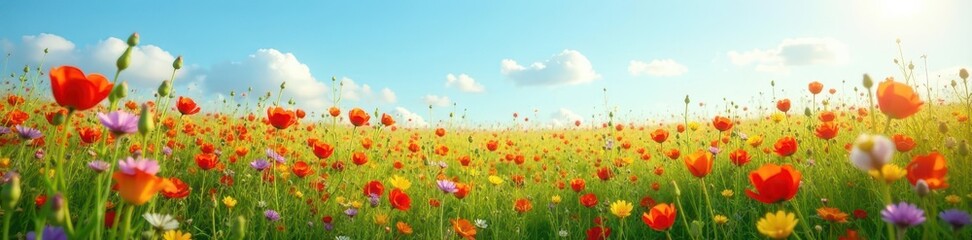 Naklejka premium Expansive wildflower field, clear sky overhead, gentle breeze, spring, day