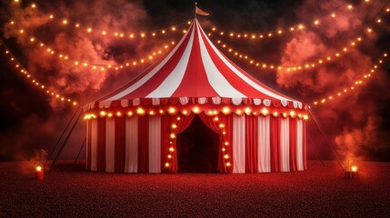 Vintage circus tent with lights and dramatic red curtains under a starry night sky
