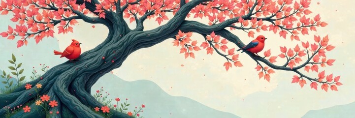 Intricate tree design, tiny birds nestled, pastel palette, avian, nature
