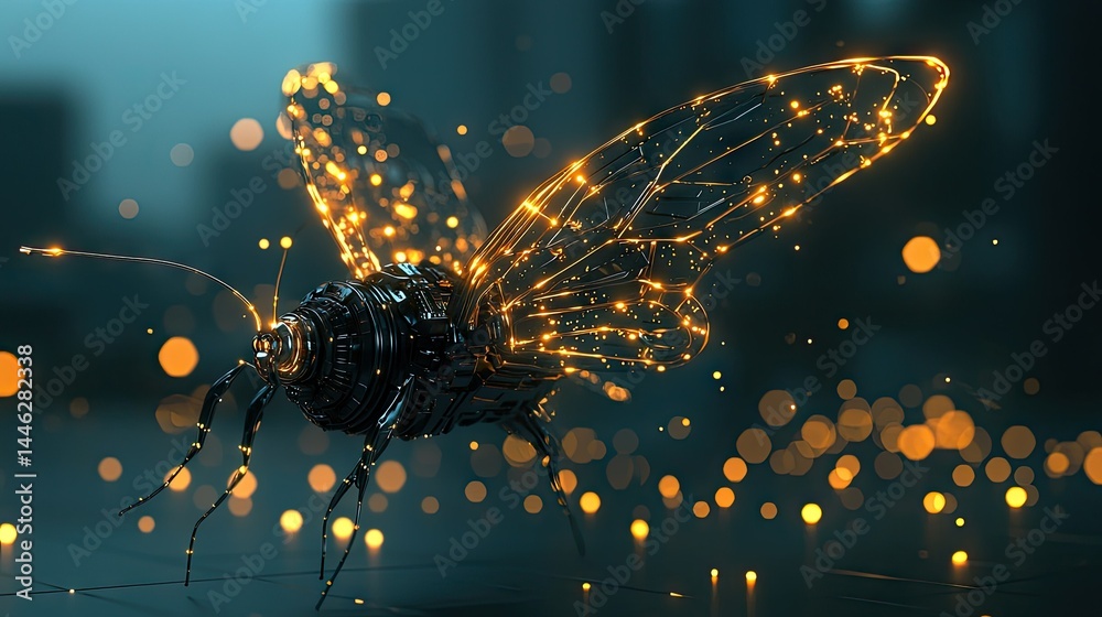 Poster a futuristic mechanical insect with glowing lights floating gracefully