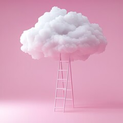 Fluffy white cloud, supported by a pair of  white ladders, on a soft pink background