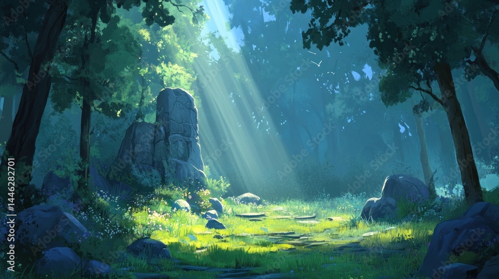 Aufkleber sunlight shines through the trees onto a forest path
