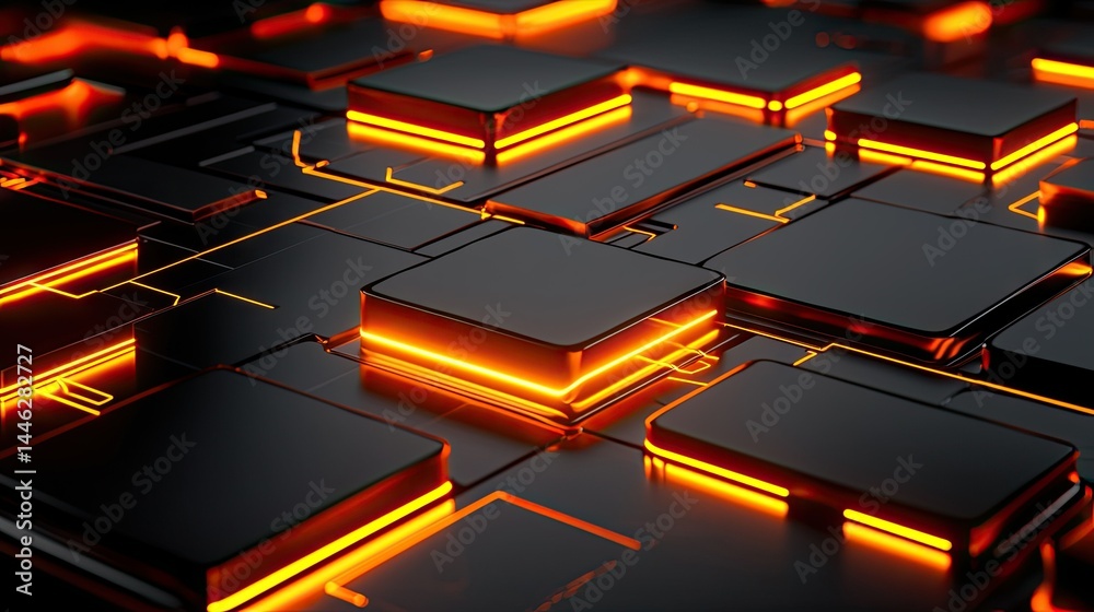 Poster Illuminated futuristic abstract composition of glowing rectangular blocks and lines