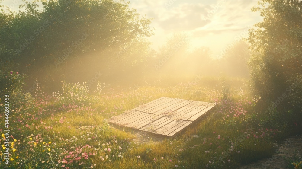 Aufkleber sunlit meadow scene featuring a small wooden platform structure