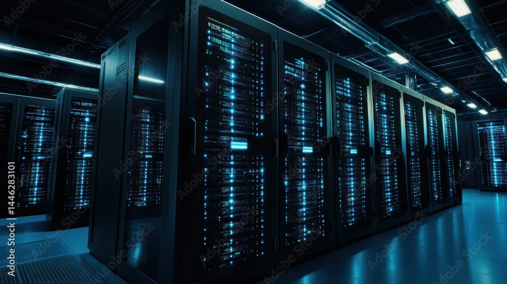 Poster rows of server racks filled with computer equipment glow blue