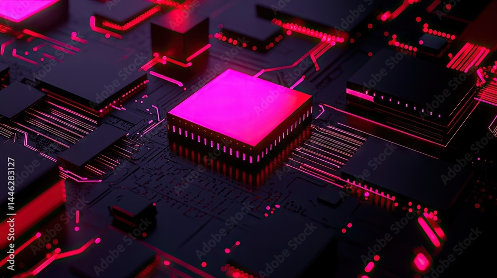 Poster A close up rendering of a digital circuit board and its components