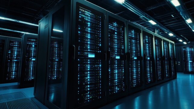 Rows of server racks filled with computer equipment glow blue