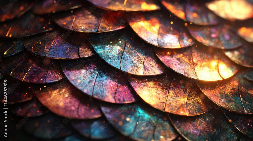 Poster abstract iridescent scales with a textured and vibrant surface