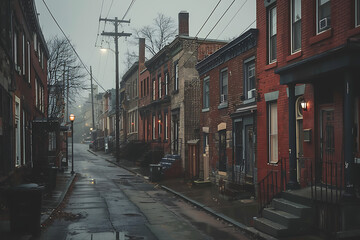 Gloomy Street Scene with Quaint Brick Row Houses under Cloudy Sky Illuminated