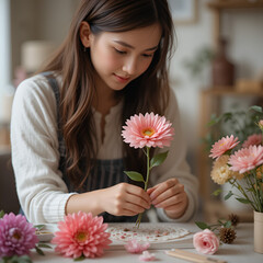 Naklejka premium Woman making beautiful nylon flower - people with DIY handmade flower concept