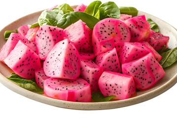 Fresh Pink Dragon Fruit Salad with Greens on Plate