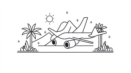 Airplane Landing Tropical Island Sunny Day Vacation