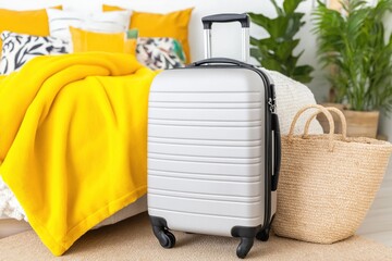 A sleek silver suitcase beside a cozy bed and vibrant yellow blanket.