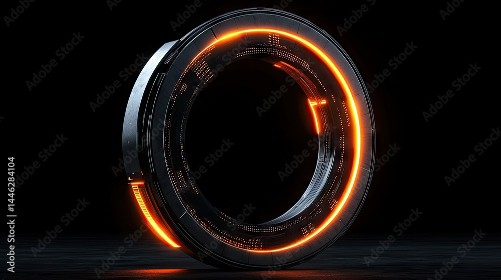Poster a futuristic glowing circular device illuminated with orange lights