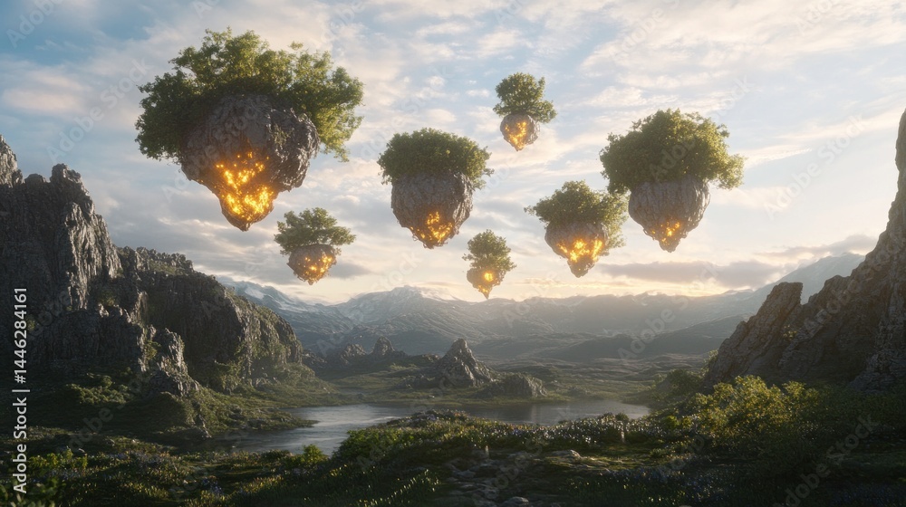 Poster Floating islands with trees hover above a scenic landscape