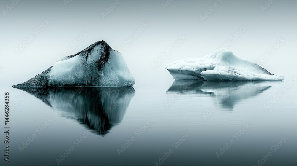 Poster Two icebergs floating in calm water with mirroring reflections