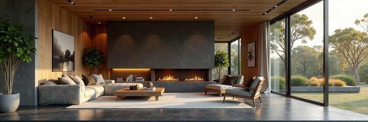 Modern home design, wood veneer & stone accents on dark floors, wood, property, paneling