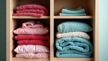 Pajamas nearby, folded linens in vertical cupboard, pastel, home decor, vertical storage