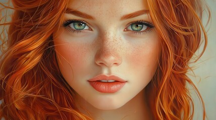 Close-up portrait of young caucasian female with red hair and green eyes