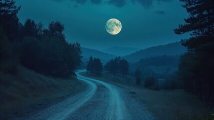 Serene nighttime landscape with full moon over forested road
