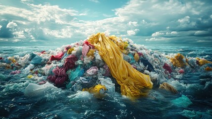 Ocean pollution crisis: colorful plastic waste floating in open water under cloudy sky